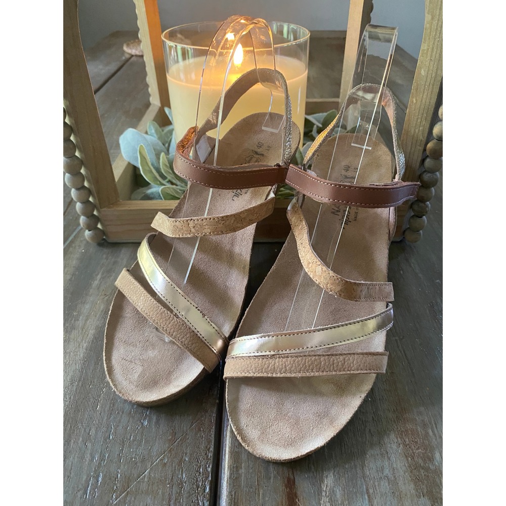 NAOT Leather Handmade Multi-Strap Cork Wedge Sandals Womens Size 9 Rose Gold Tan - Picture 5 of 13
